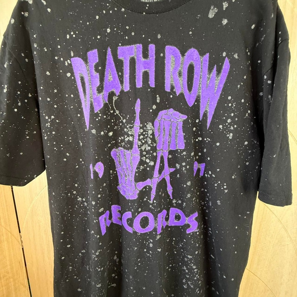 Death Row Records LA Skeleton Hand Graphic T-Shirt Large Black Bleach Splatter